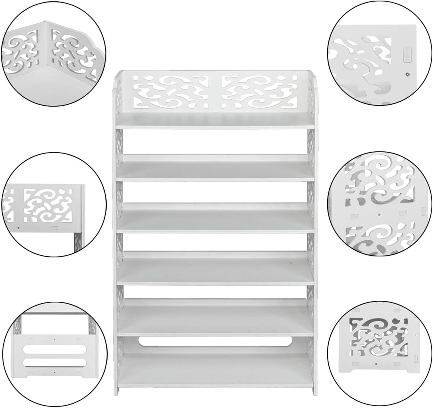 Wood-Plastic Board Six Tiers Carved Shoe Rack White B