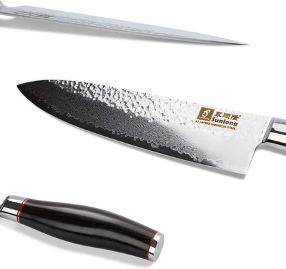 SUNLONG Chef's Knife 8 inch Gyuto - Japanese Hammered Damascus Steel Blade - Natural Leadwood Handle