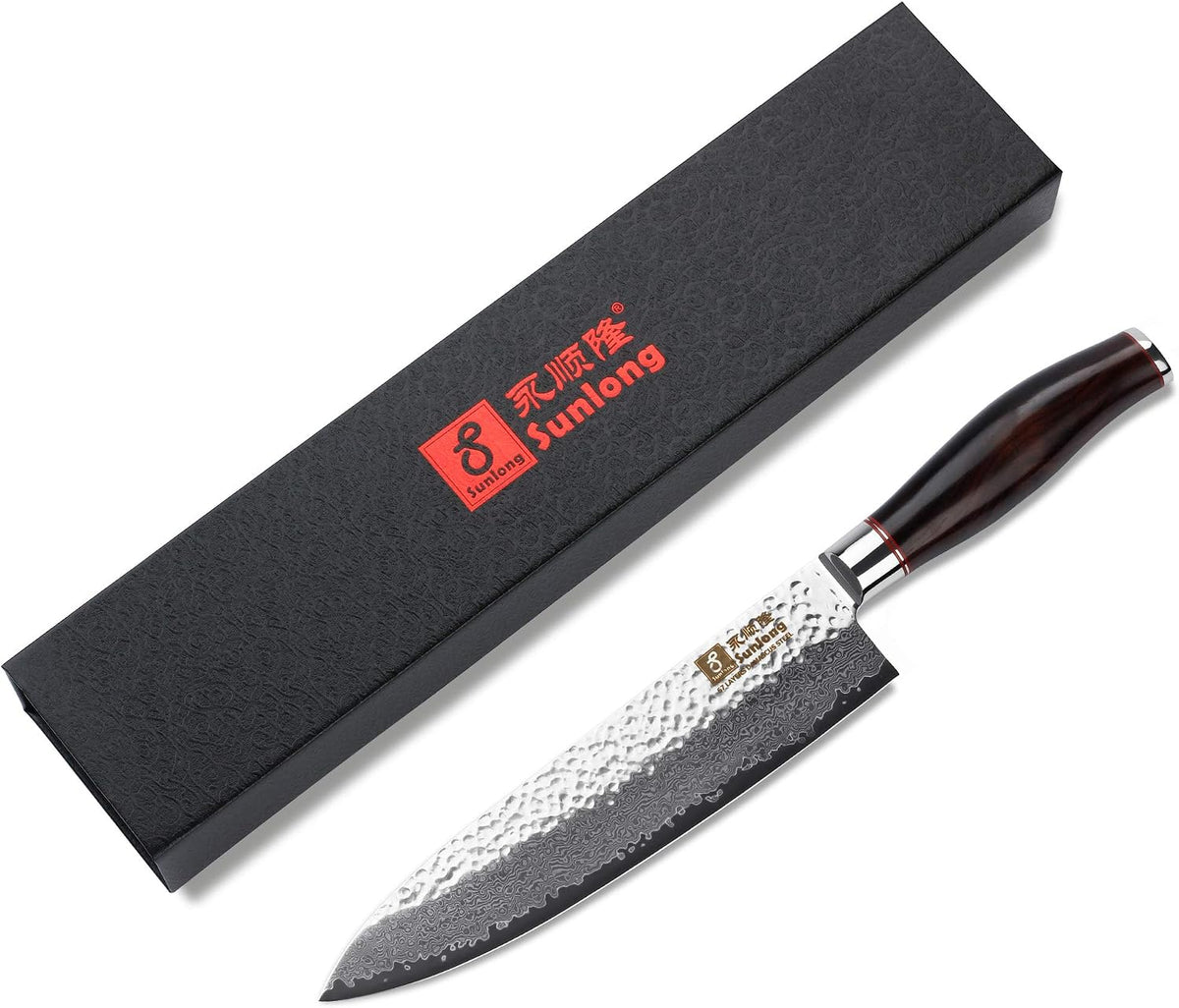 SUNLONG Chef's Knife 8 inch Gyuto - Japanese Hammered Damascus Steel Blade - Natural Leadwood Handle