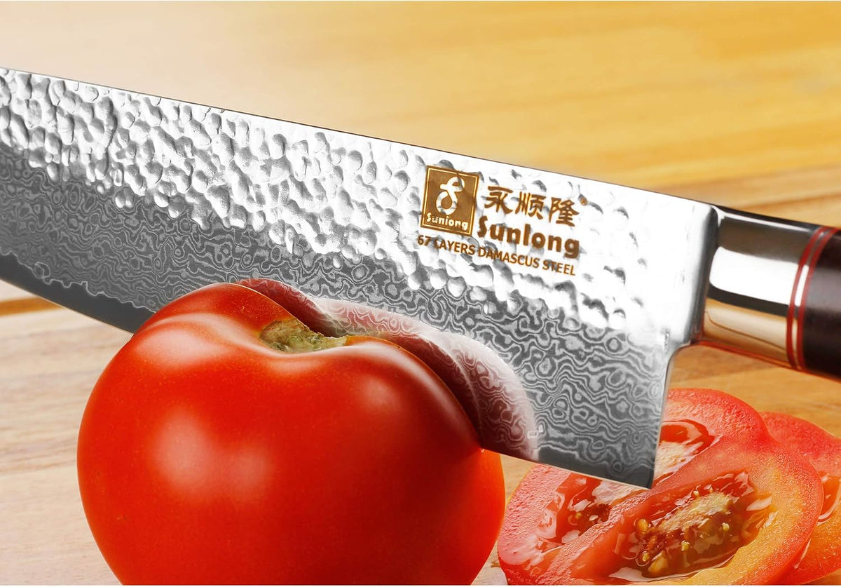 SUNLONG Chef's Knife 8 inch Gyuto - Japanese Hammered Damascus Steel Blade - Natural Leadwood Handle