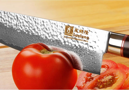 SUNLONG Chef's Knife 8 inch Gyuto - Japanese Hammered Damascus Steel Blade - Natural Leadwood Handle