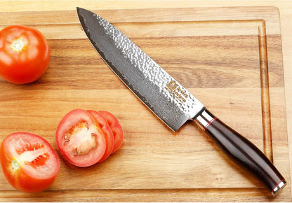 SUNLONG Chef's Knife 8 inch Gyuto - Japanese Hammered Damascus Steel Blade - Natural Leadwood Handle