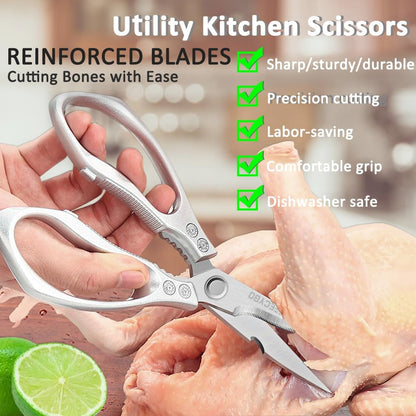 Heavy Duty Food Shears, Multi-Purpose Kitchen Scissors with Sharp Blades, 2-Pack Stainless Steel Food Shears for Kitchen, Poultry, Meat, Fish,Bone (Black)