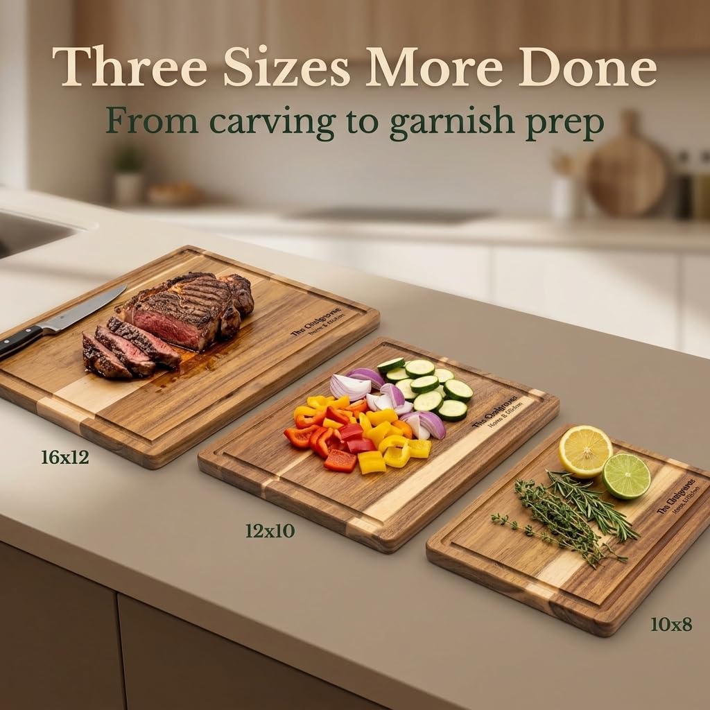 Indonesian Acacia Wood Cutting Board Set of 3 | Extra Thick 0.8″ Wooden Chopping Boards with Deep Juice Grooves | FSC Certified | Warp-Resistant & Knife-Friendly | Large, Medium & Small