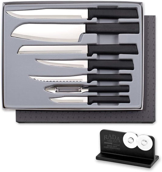 Rada Cutlery The Starter Gift Set (S38), 7-piece Knife Set with Quick Edge Sharpener (R119), Stainless Steel Blades, Silver Handle