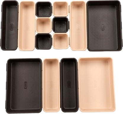 Cutting Edge Plastic Interlocking Cutlery Drawer Desk Organizer Divider Tray (Black and Beige) - 14 Piece