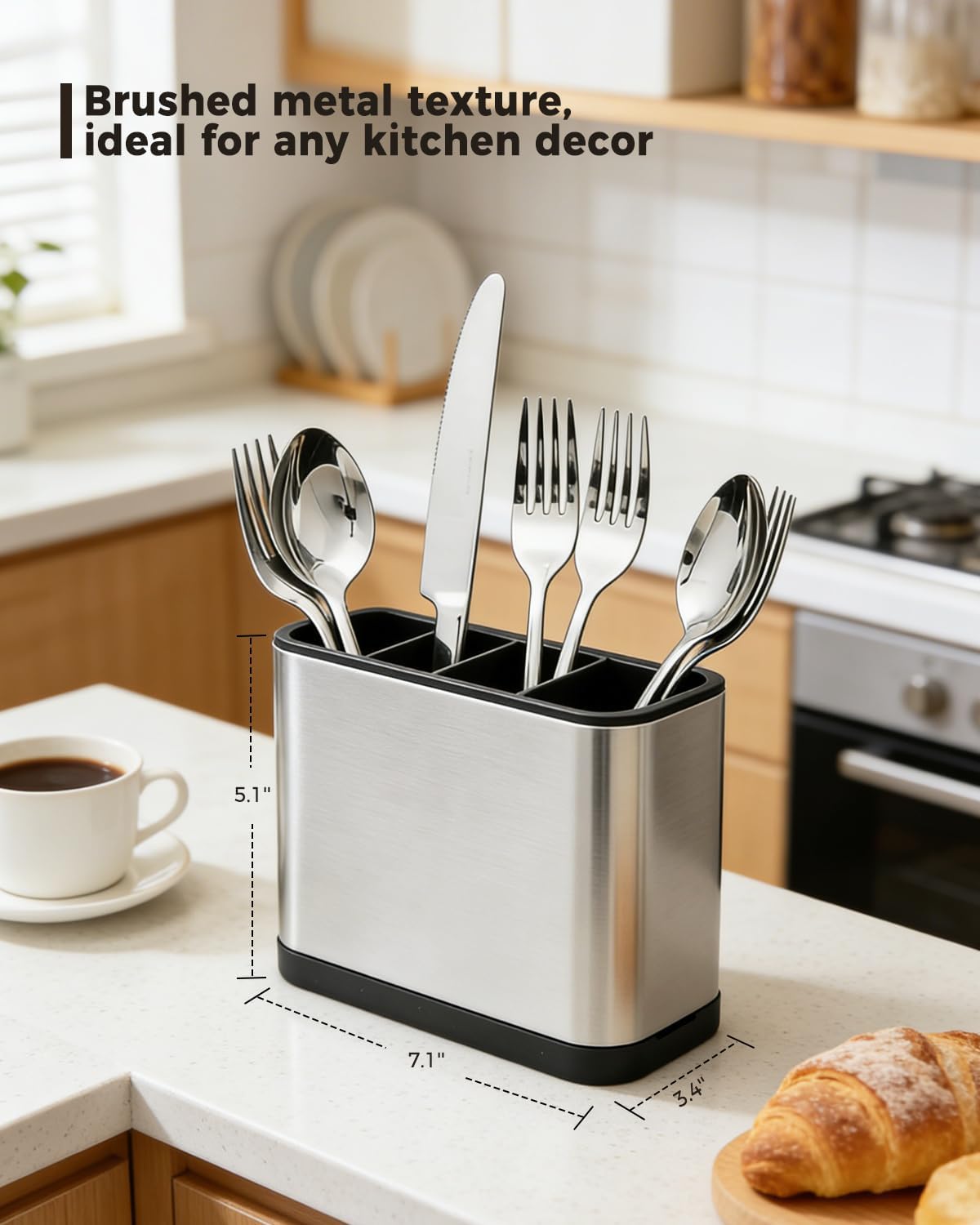 Stainless Steel Utensil Holder, 4 Compartment Kitchen Caddy with Drainage Holes and Non-Slip Base, Countertop Silverware Organizer for Spoons, Forks and Knives, Dishwasher Safe