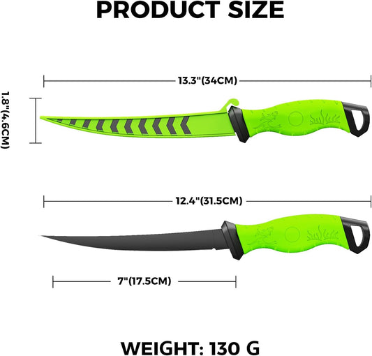 Fishing Fillet Knife 7 Inch, High Carbon Stainless-Steel Blade Filet Knive for Fish, Non-Slip Handles, Professional Fish Knife for Outdoor and Home Use (Green)