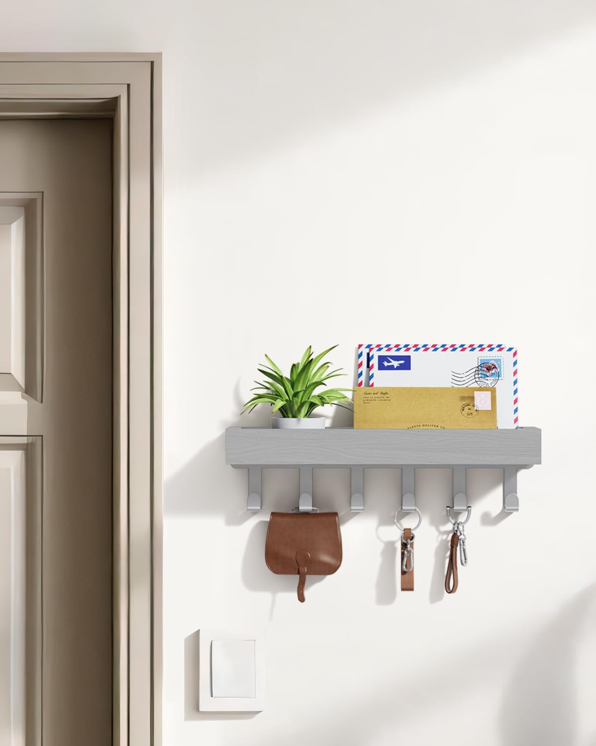 Key Holder Wall Mount Adhesive Magnetic - Hanging Key Hooks with Mail Organizer Tray for Wallet House - Keys Hanger Rack with Shelf for Camper Entryway Door Home Living Room Decor Large Black