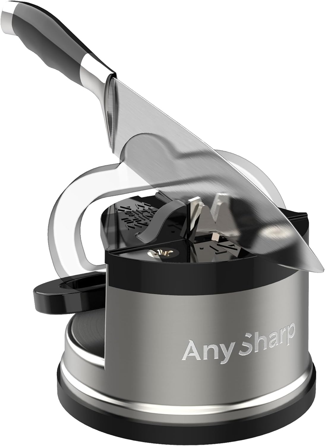 AnySharp – PRO – Hands Free Knife Sharpener - Easy to Use Sharpening Tool with PowerGrip Suction Base and 20-Degree Pre-set Angle - For All Knives: Chef’s, Serrated, and Hardened Steel - Metal