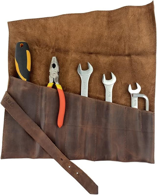 Hide & Drink, Large Tool Roll Up Bag (6 Slots), Portable Carry-On Pouch, Workshop Storage, Woodworking Tools Organizer, Full Grain Leather, Handmade, Swayze Suede