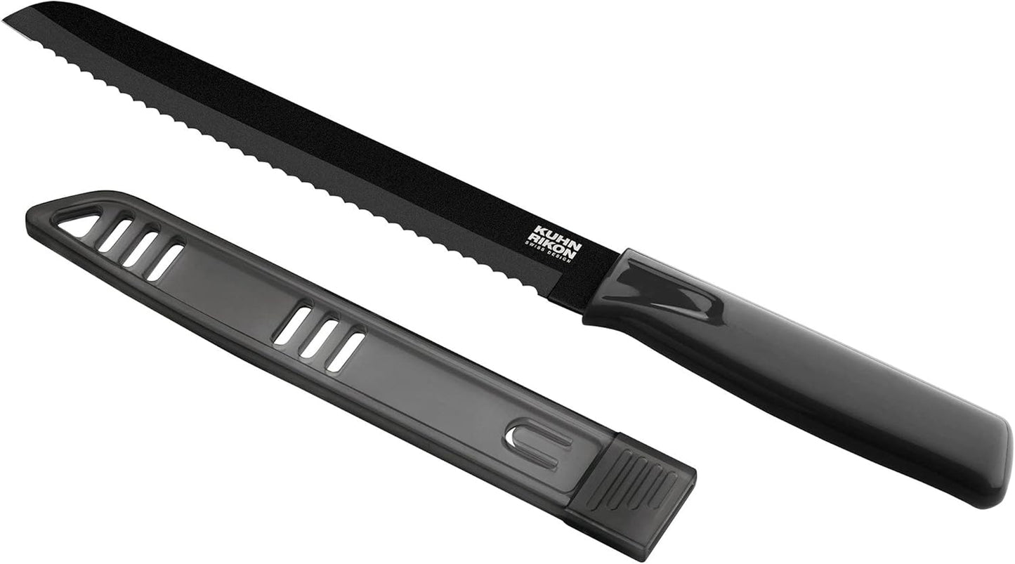 Kuhn Rikon COLORI Non-Stick Bread Knife with Safety Sheath, 7 inch/17.78 cm Blade, Black
