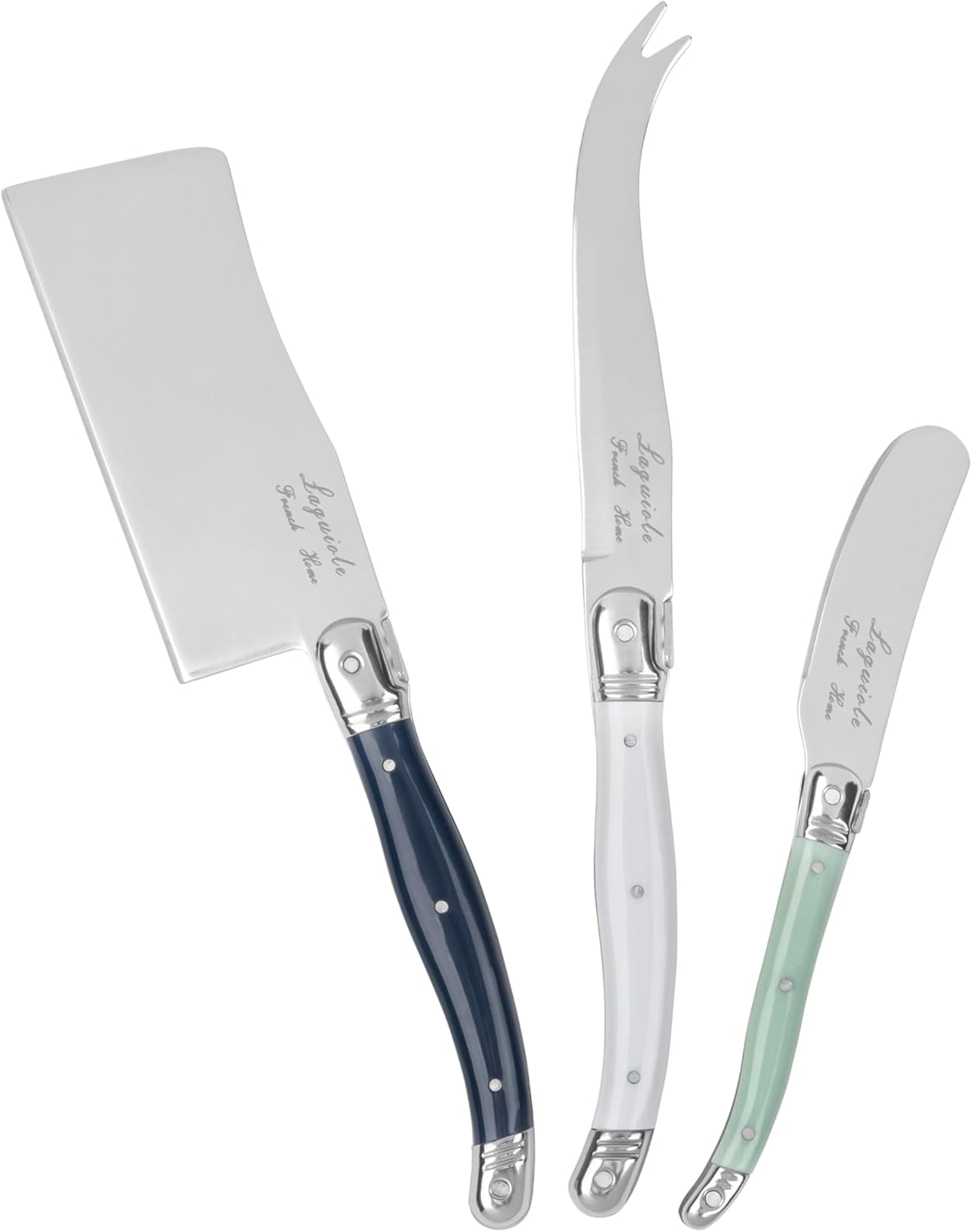 Laguiole Cheese Knife Set of 3 – Charcuterie Accessories w/Faux Ivory Handles – Includes 6.25" Cheese Spreader, 9.25" Spear & 8.5" Cleaver Knife