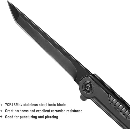 FUNBRO EDC Pocket Knife - 7CR13Mov Steel Tanto Blade, Slim Survival Knife with Clip and Liner Lock, Window Breaker for Outdoor Camping- Stocking stuffer Gifts for Men Women