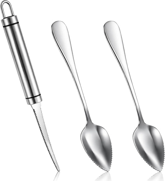 3PCS Grapefruit Spoon Knife Set with Serrated Edge, Stainless Steel Grapefruit Spoons, Ergonomic Handle Grapefruits Knife for Citrus Fruit, Lemon, Kiwi, Melon, Dragon Fruit, Apple, Avocado