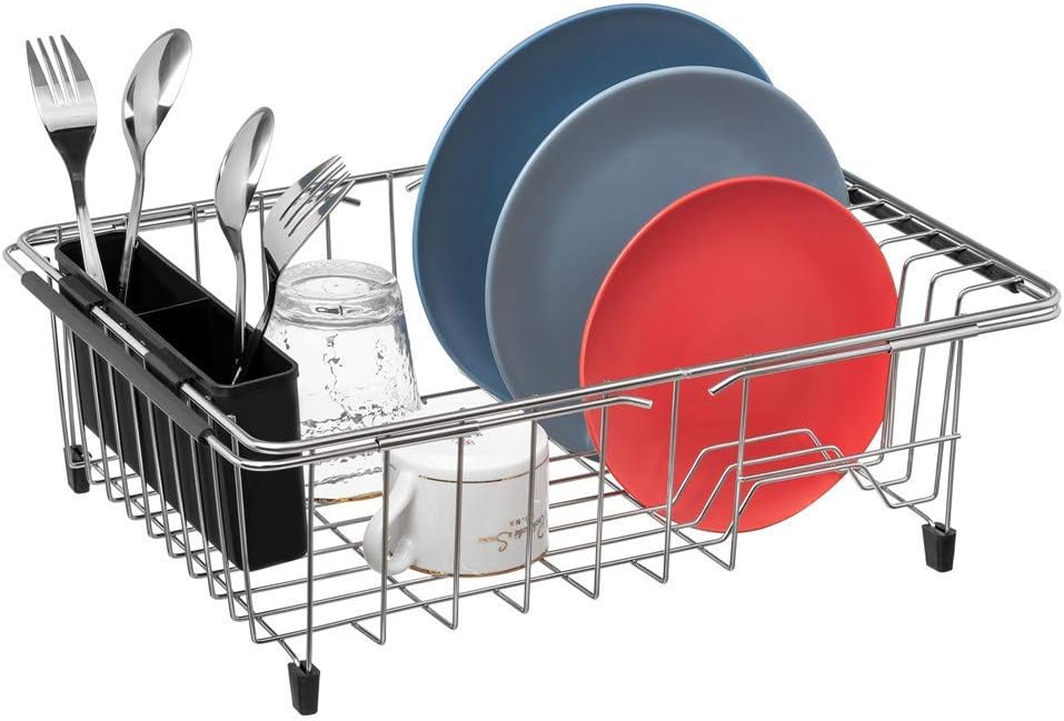 SANNO Dish Rack Utensil Holder, Hanging Cutlery Drainer Caddy with Hooks, 2 Compartment Flatware Organizer for Forks, Spoons, Knives, Fits Over Most Dish Drying Racks, Black