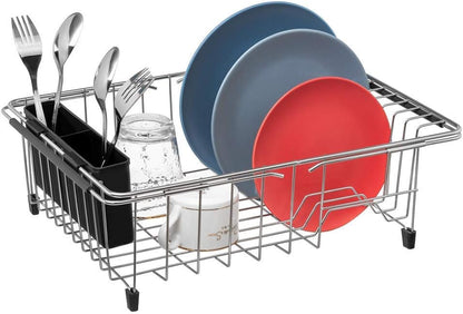SANNO Dish Rack Utensil Holder, Hanging Cutlery Drainer Caddy with Hooks, 2 Compartment Flatware Organizer for Forks, Spoons, Knives, Fits Over Most Dish Drying Racks, Black
