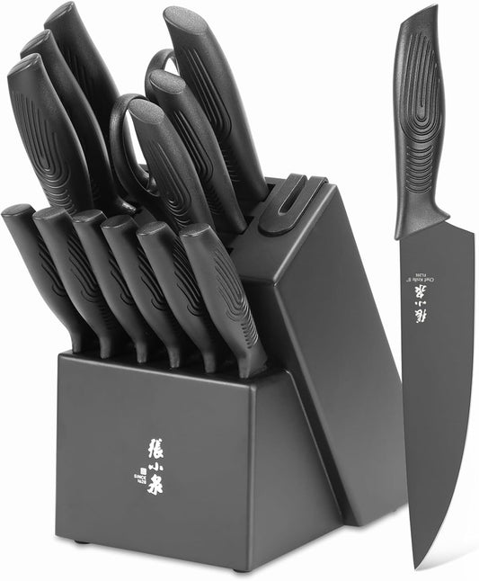ZHANG XIAO QUAN Knife Set with White Block, High Carbon Stainless Steel Sharp Blades, Built-in Sharpener Kitchen Knife Block Set for Home Cooking