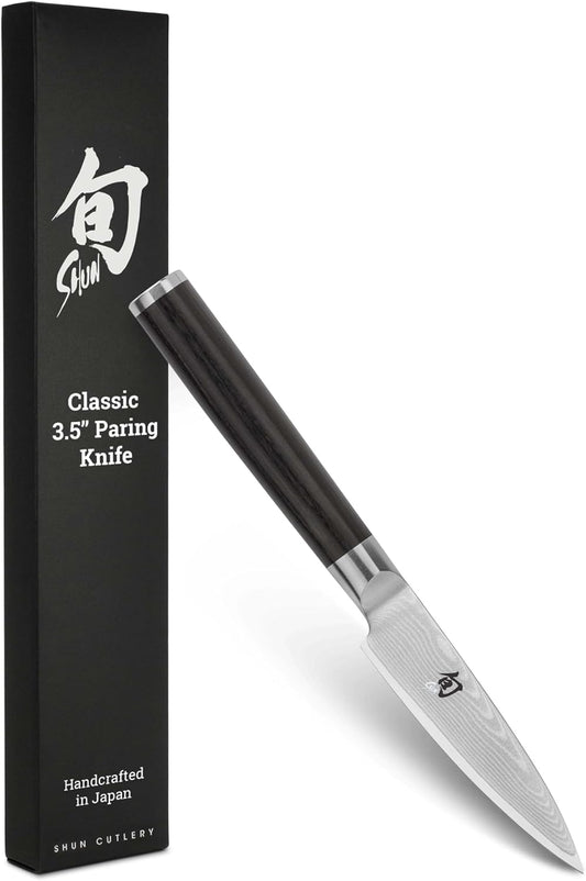 Shun Classic Blonde 3.5" Paring Knife, Handcrafted Japanese Vegetable & Fruit Knife, VG-MAX Core with Damascus Stainless Steel Cladding, Pakkawood Handle, Small Tool for Peeling, Coring & Cutting
