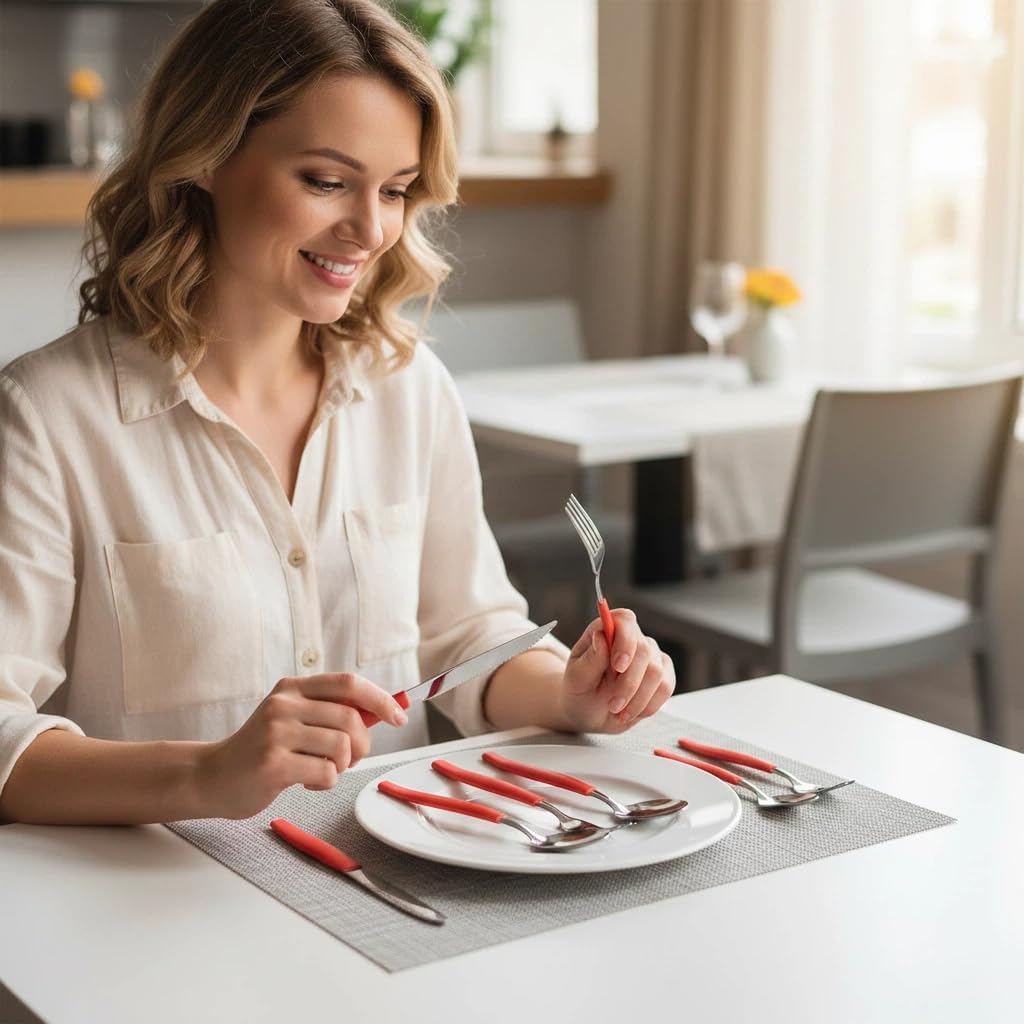 25-piece dinnerware set with red handles. The set includes 1 storage box, 6 knives, 6 forks, 6 long spo and 6 short spoons. Suitable for daily use at home or camping.