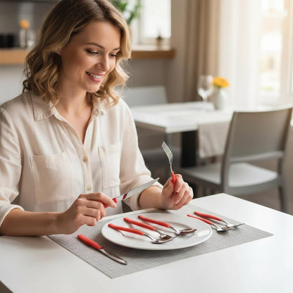 25-piece dinnerware set with red handles. The set includes 1 storage box, 6 knives, 6 forks, 6 long spo and 6 short spoons. Suitable for daily use at home or camping.