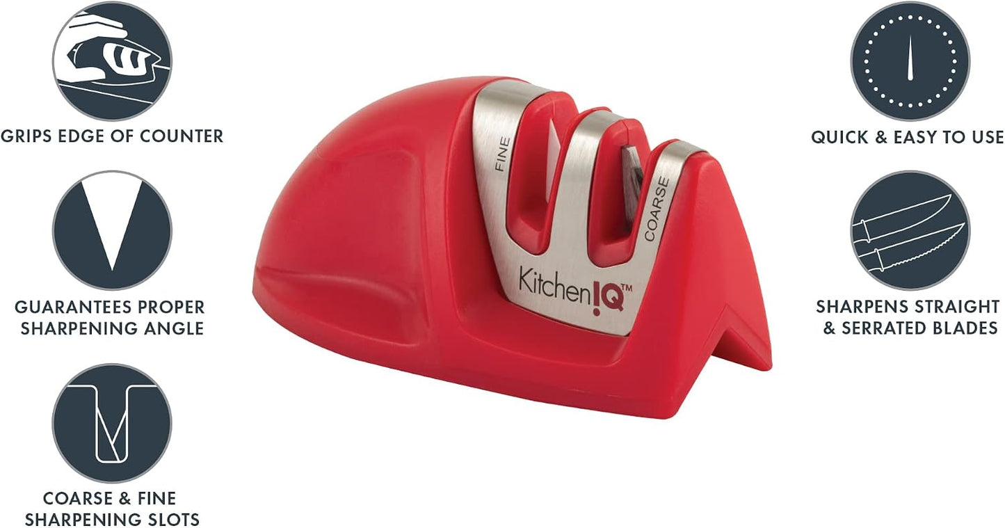 KitchenIQ 50009 Edge Grip 2-Stage Knife Sharpener, Black, Coarse & Fine Sharpeners, Compact for Easy Storage, Stable Non-Slip Base, Soft Grip Rubber Handle, Straight & Serrated Knives