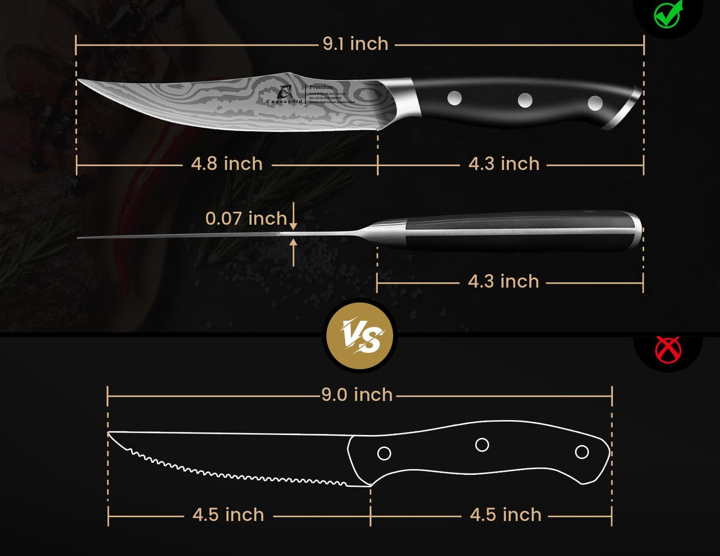 CoquusAid Steak Knives Set of 8, 4.8 Inch Straight Edge Ultra Sharp Durable Meat knives with Rest, High Carbon Stainless Steel Damascus Pattern Triple Rivet Handle, Ideal for Home Restaurant Party