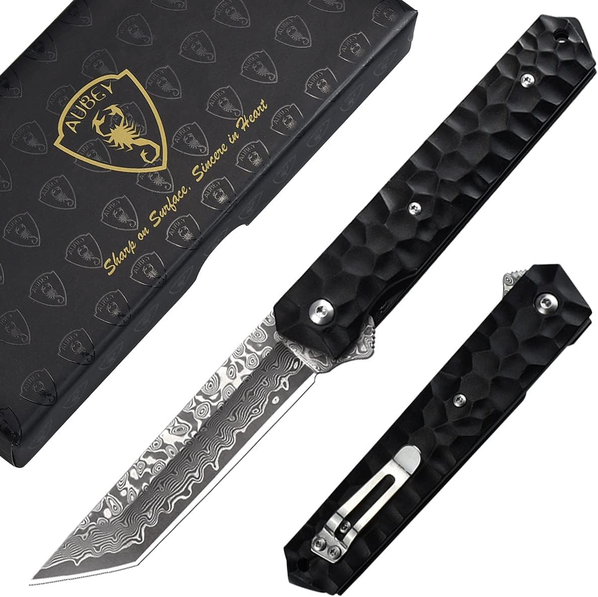 AUBEY Damascus Pocket Knife with Clip, Sharp Tanto Blade with VG10 Core Folding Knife with Abalone Shell Handle and Glass Breaker, EDC Camping Knife for Gift Survival Collection