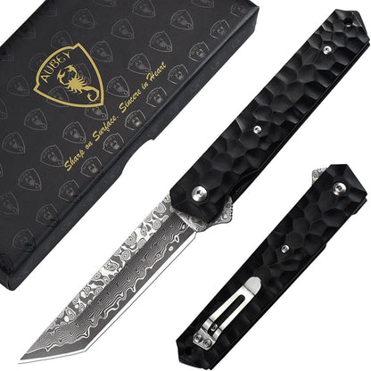 AUBEY Damascus Pocket Knife with Clip, Sharp Tanto Blade with VG10 Core Folding Knife with Abalone Shell Handle and Glass Breaker, EDC Camping Knife for Gift Survival Collection