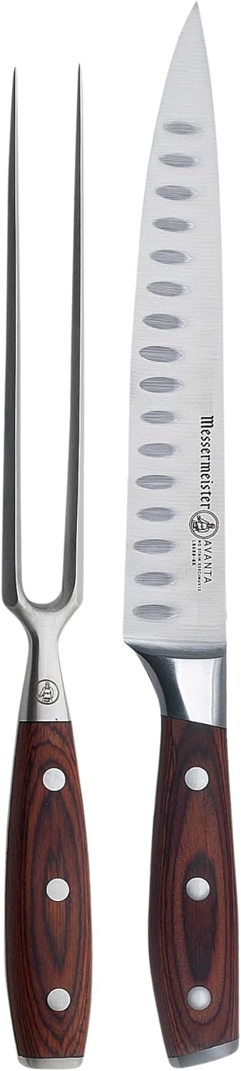 Messermeister Avanta Forged Kullenschliff Carving Set - Includes 8” Carving & Slicing Knife + 7” Fork - German X50 Stainless Steel - Pakkawood Handle - Rust Resistant & Easy to Maintain