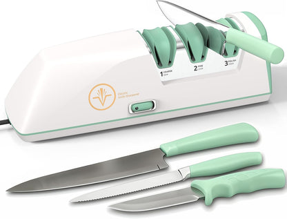Electric Knife Sharpener with Replaceable Sharpening Head Easy to Change, 3-Stage & 15° Precision Angle Diamond Sharpening System for Metal Knives, Ceramic knives, Exquisite Gifts and Packaging