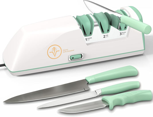 Electric Knife Sharpener with Replaceable Sharpening Head Easy to Change, 3-Stage & 15° Precision Angle Diamond Sharpening System for Metal Knives, Ceramic knives, Exquisite Gifts and Packaging