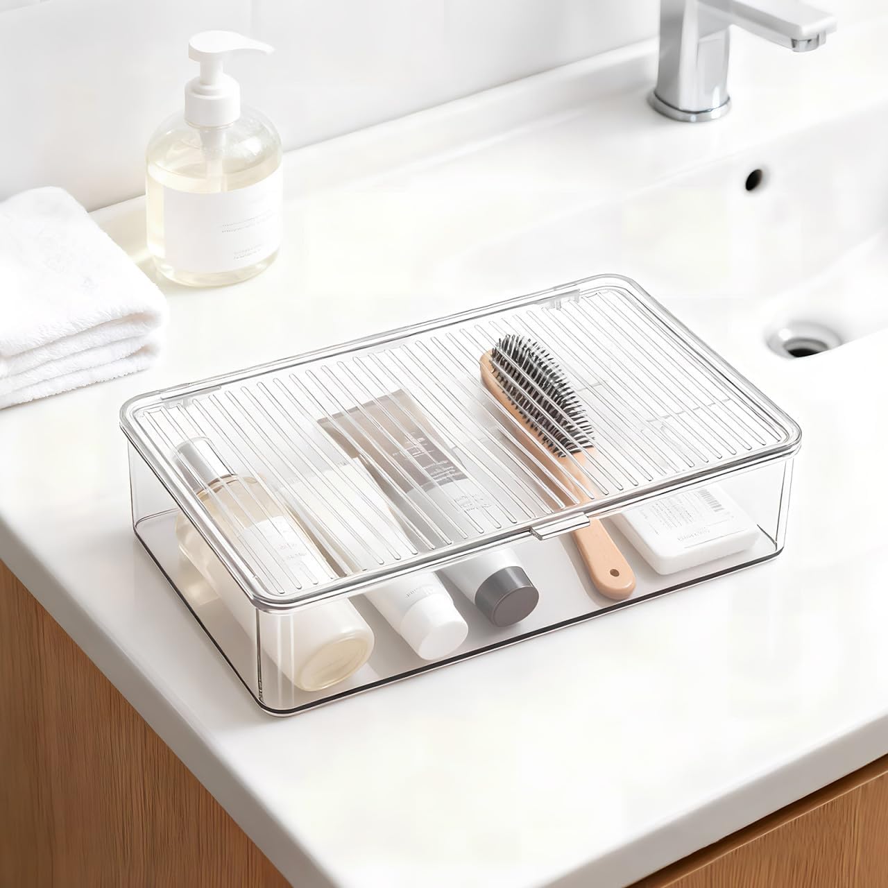 Clear Plastic Storage Bin with Lid, Small Silverware Organizer with Cover, Transparent Kitchen Utensil Drawer Tray for RV Countertop Flatware