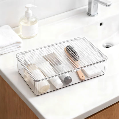 Clear Plastic Storage Bin with Lid, Small Silverware Organizer with Cover, Transparent Kitchen Utensil Drawer Tray for RV Countertop Flatware
