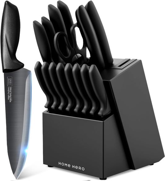 Home Hero Kitchen Knife Set - Wooden Knife Block Organizer - High Carbon Stainless Steel Blades - Ergonomic Handles with Built-In Sharpener & Kitchen Scissors - 16-Pc, Black
