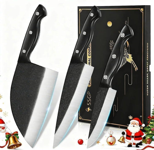 SSGP Butcher Knife Set of 3- Japanese Knife Set for Meat Cutting, Hand Forged Viking Knives Sets with Meat Cleaver, Heavy-Duty Kitchen Knives Sets for Bone BBQ Vegetable, Gifts for Men