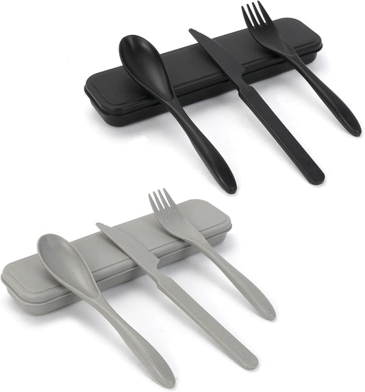 2 Sets Reusable Utensil Set with Case, Portable Camping Fork Knife Spoon Set, Wheat Straw Travel Utensils for Lunch Box, for School Work Lunch or Daily Use (Green, Blue)
