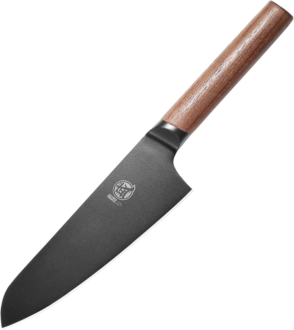 MITSUMOTO SAKARI 7 inch Japanese Chef Knife, Professional Black Titanium Coated Santoku Chef's Knife, German Premium Alloy Steel Meat Sushi Kitchen Knives (Walnut Handle)