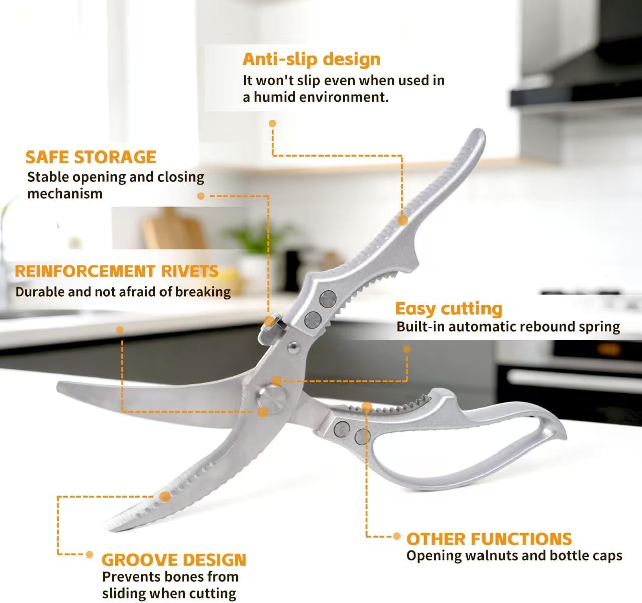 Heavy Duty Poultry Shears, Multi-Function Kitchen Scissors with Anti-Slip Handle Safety Lock, Spring Loaded, Dishwasher Safe, for Cutting Chicken Meat Turkey Fish Vegetables