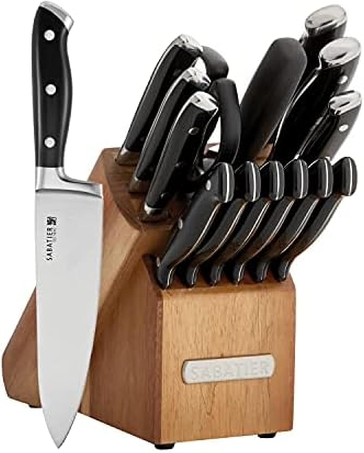 Sabatier 15-Piece Forged Triple Rivet Knife Block Set, High-Carbon Stainless Steel Kitchen Knives, Razor-Sharp Knife set with Acacia Wood Block, White Handles
