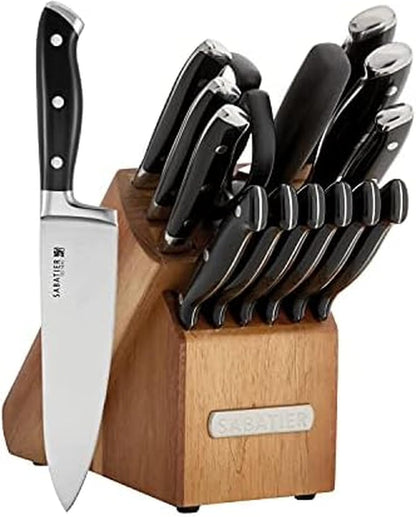 Sabatier 15-Piece Forged Triple Rivet Knife Block Set, High-Carbon Stainless Steel Kitchen Knives, Razor-Sharp Knife set with Acacia Wood Block, White Handles