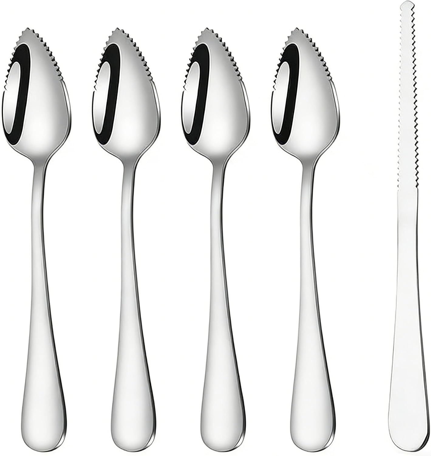 5 PCS Grapefruit Spoon and Knife Set Stainless Steel Fruit Utensils Multipurpose Kitchen Tools for Grapefruit Kiwi Oranges Dessert Heavy Duty Silver includes 4 Spoons and 1 Knife