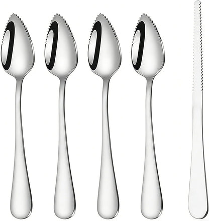 5 PCS Grapefruit Spoon and Knife Set Stainless Steel Fruit Utensils Multipurpose Kitchen Tools for Grapefruit Kiwi Oranges Dessert Heavy Duty Silver includes 4 Spoons and 1 Knife