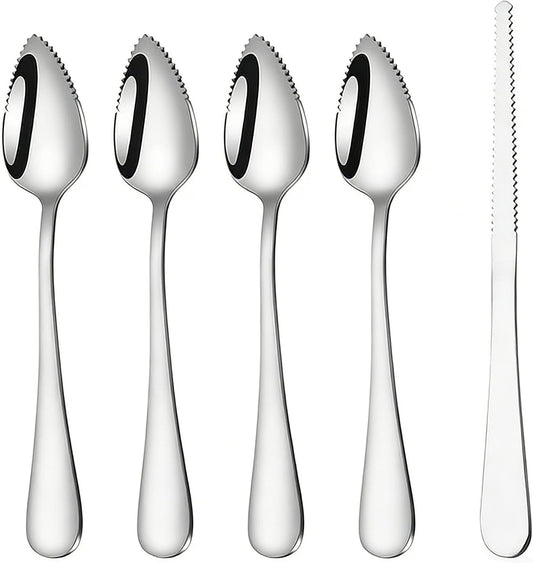 5 PCS Grapefruit Spoon and Knife Set Stainless Steel Fruit Utensils Multipurpose Kitchen Tools for Grapefruit Kiwi Oranges Dessert Heavy Duty Silver includes 4 Spoons and 1 Knife