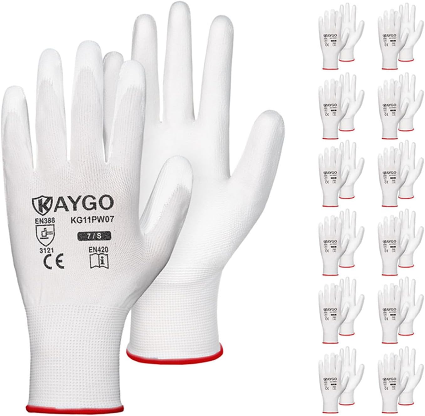 KAYGO Work Gloves for Men and Women,12 Pairs Seamless Knit PU Coated Safety Gloves, with Smooth Grip on Palm and Fingers, Ideal for Light Warehouse, Manufacturing, Gardening, KG11P (M, Black)