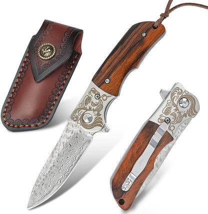 Damascus Pocket Knife with Sheath,3.54" Sharp Damascus Steel Blade Abalone Seashells Handle EDC Pocket Knives & Folding Knives for Outdoor Camping, Ideal Gifts for Men Women