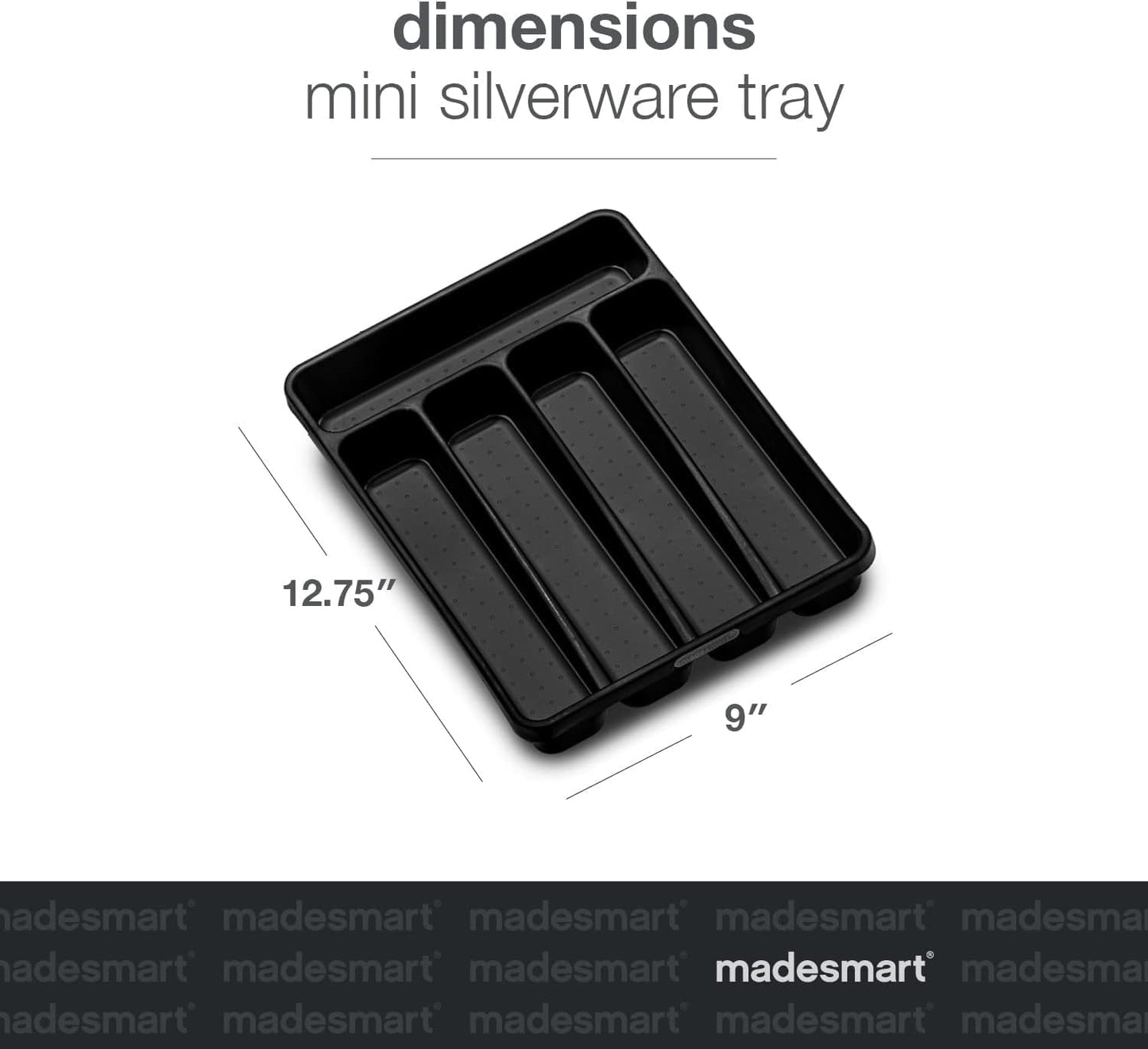 madesmart Small Silverware Tray, Compact 5 Compartment Flatware Organizer for Forks, Knives & Spoons, Non Slip, Soft Grip Lining, Fits Small Drawers, Black