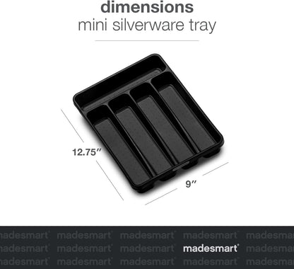 madesmart Small Silverware Tray, Compact 5 Compartment Flatware Organizer for Forks, Knives & Spoons, Non Slip, Soft Grip Lining, Fits Small Drawers, Black