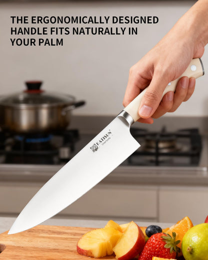 15-Piece White Kitchen Knife Set with Built-in Sharpening Stone, Ergonomic Triple Rivet Fixed Handles, Dishwasher Safe