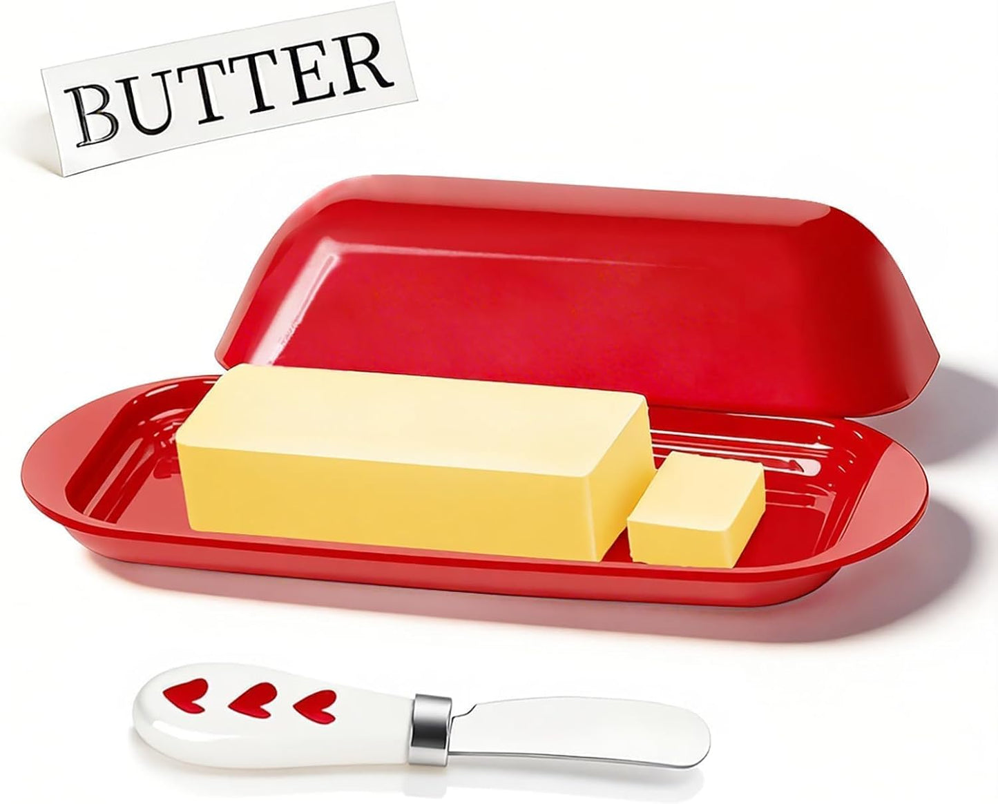 BPA-Free Melamine Butter Dish with Lid & Stainless Steel Knife - Farmhouse Butter Keeper for Countertop & Refrigerator, Dishwasher Safe, Holds 1 Stick with East & West Coast Butter-Cream